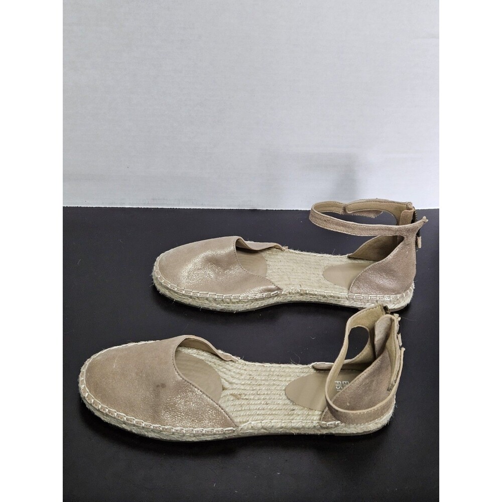 Sz 9 - EILEEN FISHER Bisa Beige Suede Ankle Strap Zipper Back Espadrille Flats